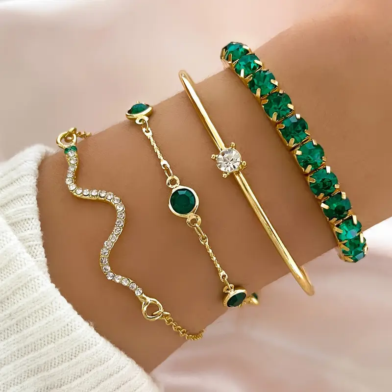 Bracelets vintage avec zircons verts - Ensemble élégant